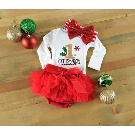 

Seyurigaoka Baby Girl My First Christmas Outfits Long Sleeve Romper + Tutu Skirt + Bow Headband 3Pcs Clothes Set