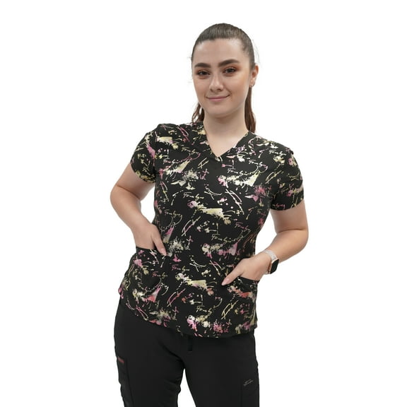 Fubu Women's V-Neck Print Scrub Top Medical Nursing Uniform