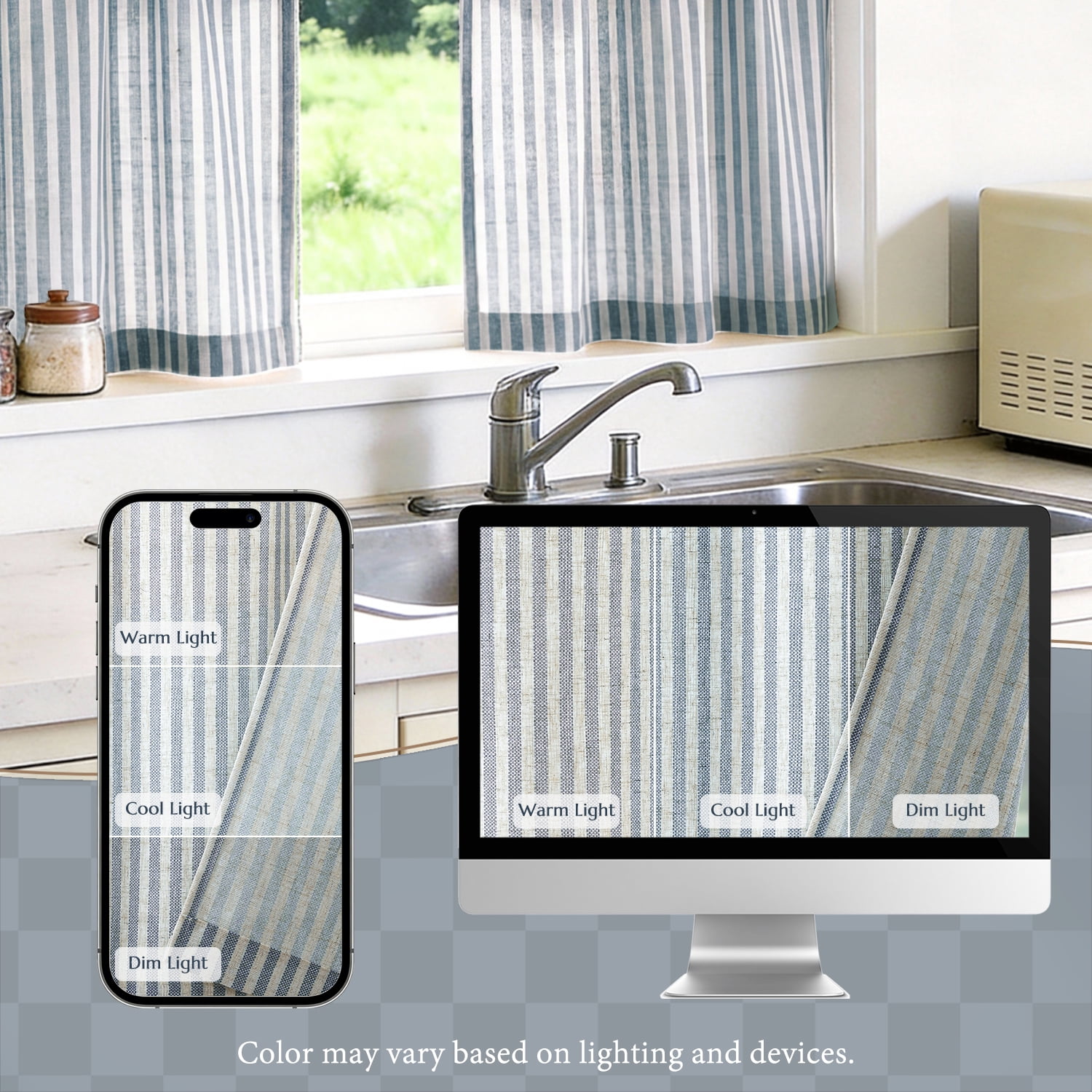 TOPICK Striped Kitchen Curtains and Valance Set 36 Inch Small Linen Curtains for Cafe Living Room Bathroom Farmhouse 3 Pieces Set Rod Pocket Blue