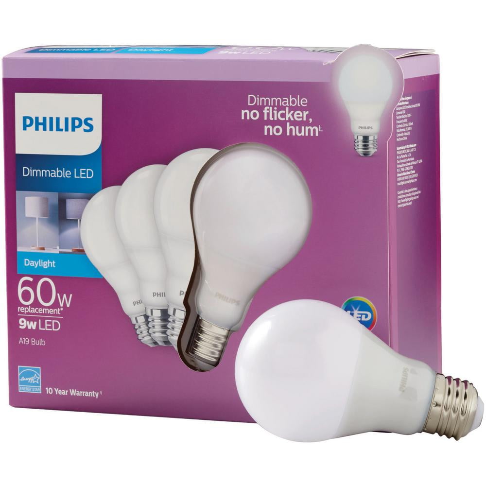 Philips 60-Watt Equivalent A19 Dimmable Energy Saving LED Light Bulb Daylight (5000K) (4-Pack)
