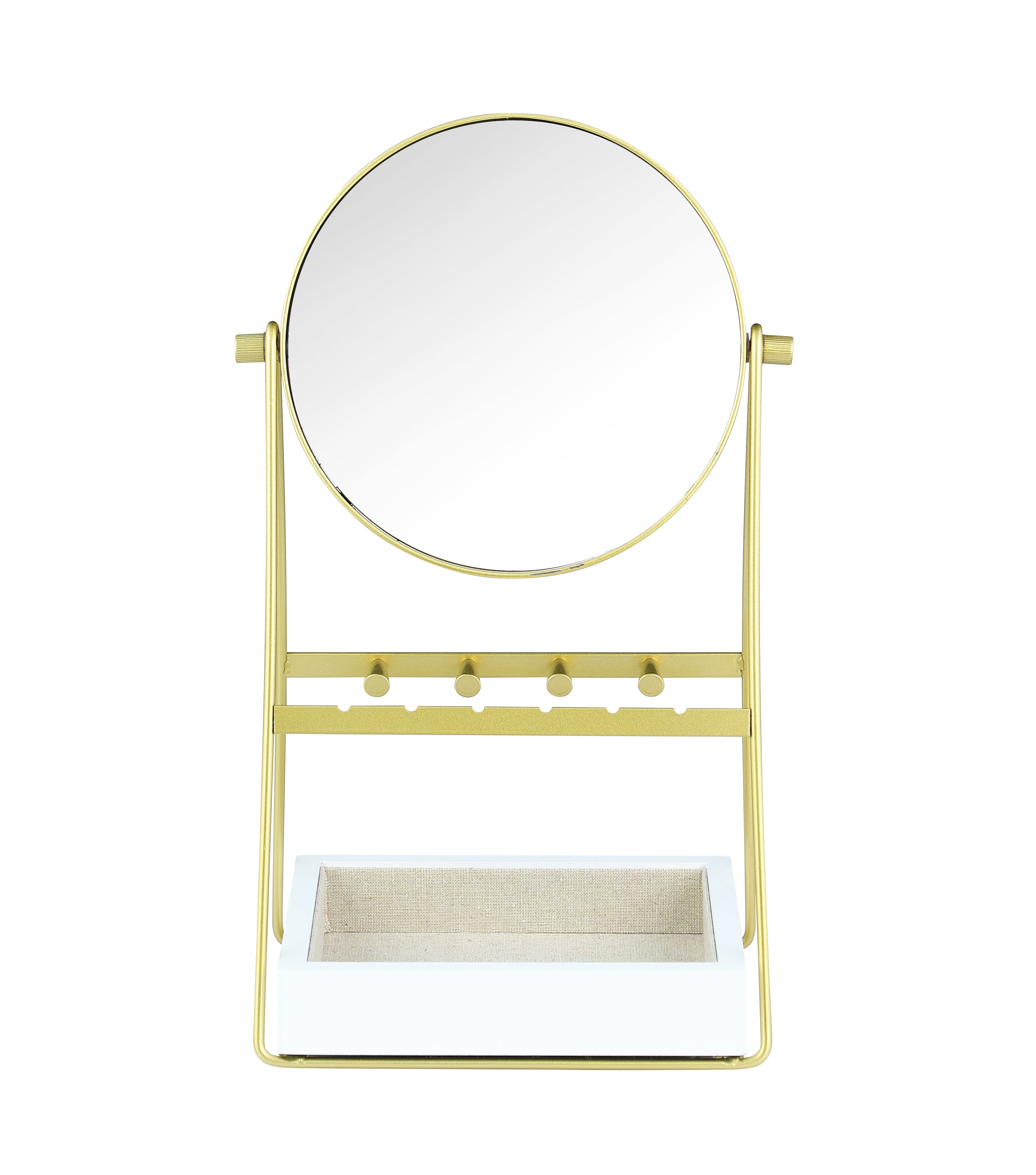 Hives and Honey Lina Adult Gold Round Mirror with Jewelry Storage - White