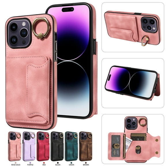 Nalacover for iPhone 13 Pro Ring Holder Wallet Case with Kickstand Magnetic Clasp, Credit Card Slots Holder Premium PU Leather Purse Cover, TPU Bumper Shockproof Anti-Scratches Case,Rosegold