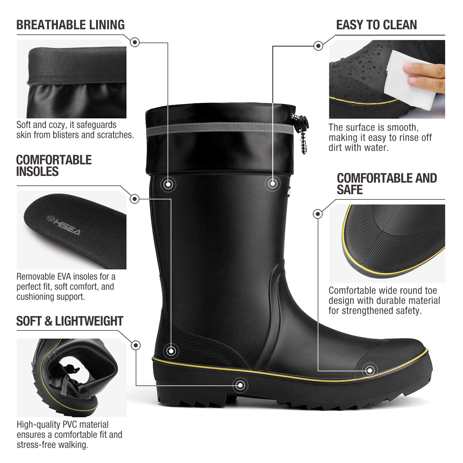 HISEA Mid Calf Rain Boot for Men,Anti-slip Waterproof PVC Mud Garden Boots with Adjustable Closure,Black & Yellow,Size 10.5