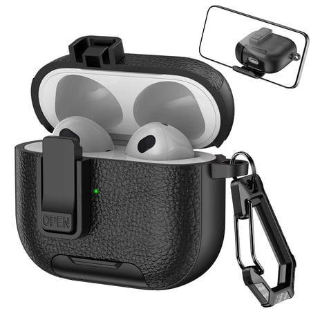 Decase Compatible with Apple AirPods 3rd Gen (2021) Case with Phone Stand,Full Body Drop Protection Cover Automatic Snap Switch Lock Design w/ Carabiner Keychain Headphone Case,Black