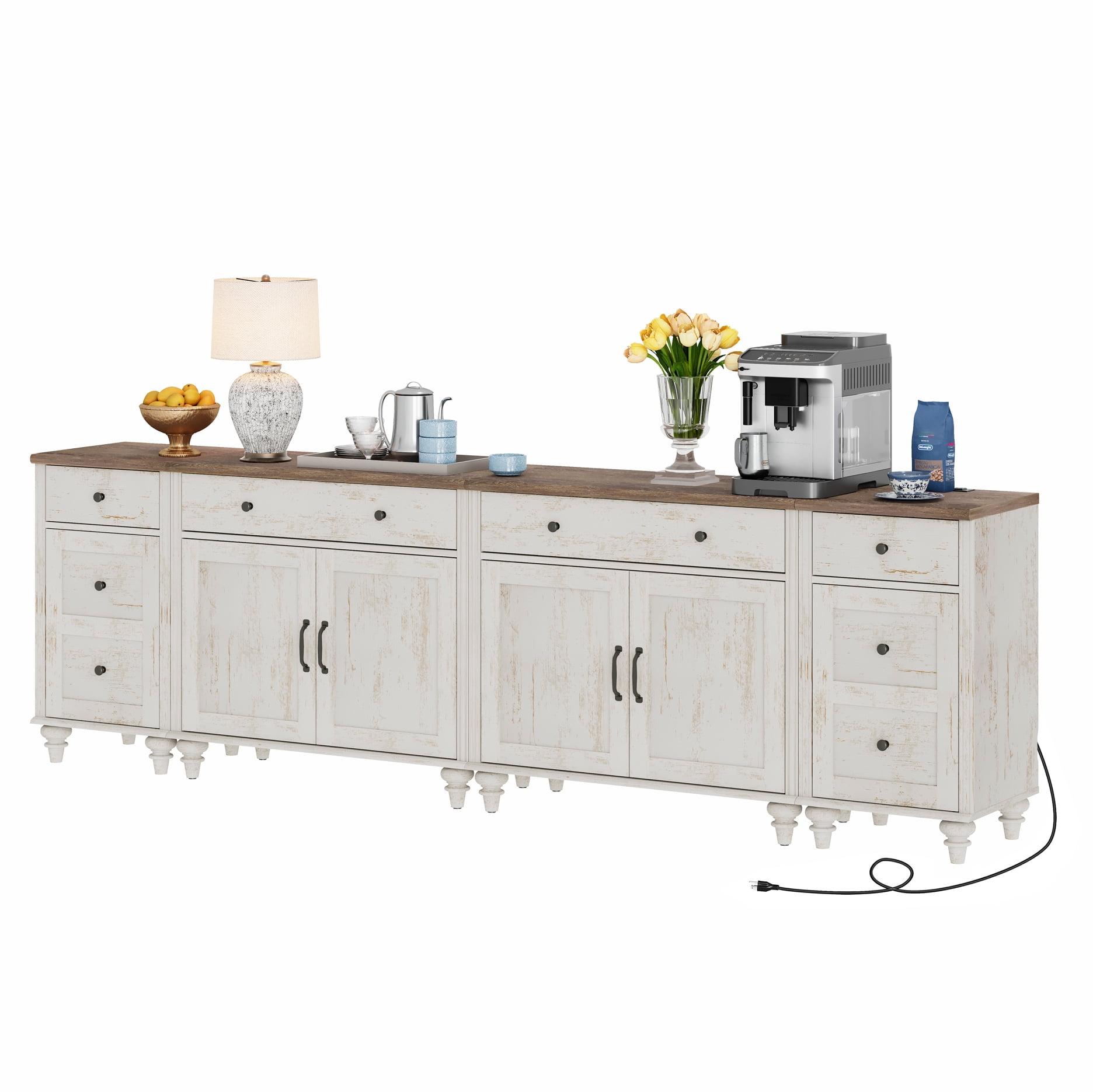 WAMPAT TV Stand for 100 Inch TV, 4-in-1 TV Console Table for 75/80/85/90 Inch TV, Farmhouse Entertainment Center with Charging Station, Kitchen Sideboard Buffet Cabinet for Dining Room, Rustic White
