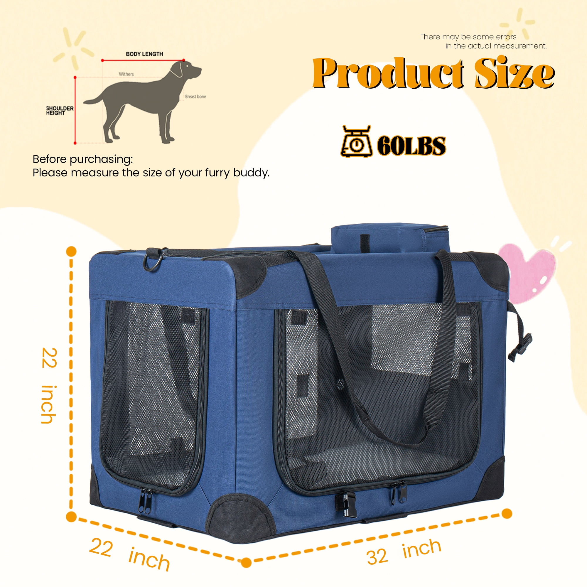 ZephyPaws Portable Dog Crate,32"x22"x22" Collapsible Dog Travel Crate for Medium/Large Dogs with Soft Blanket,Foldable Bowl & Poop Bag Dispenser,Indoor & Outdoor Use,Blue