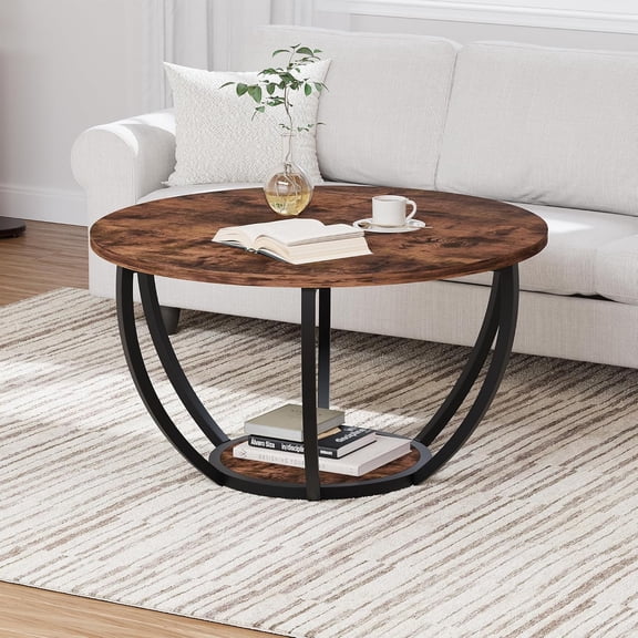 28 Inch Round Wood Coffee Table with Storage 2-Tier Rustic Brown