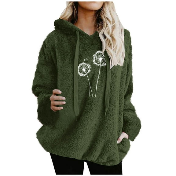 Women's Hoodies Casual Fleece Sweatshirts Graphic Shirt Floral Oversized Long Sleeve Fuzzy Sweatshirt Printed Tops (L, Army Green)