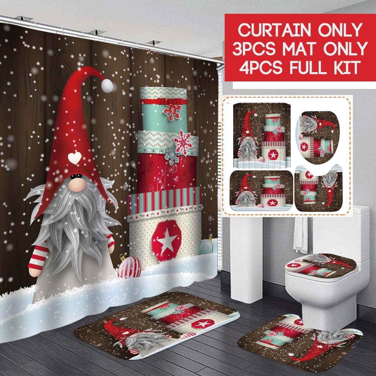 Christmas Elf Printed 180x180cm Shower Curtain Toilet Cover Mat Bath