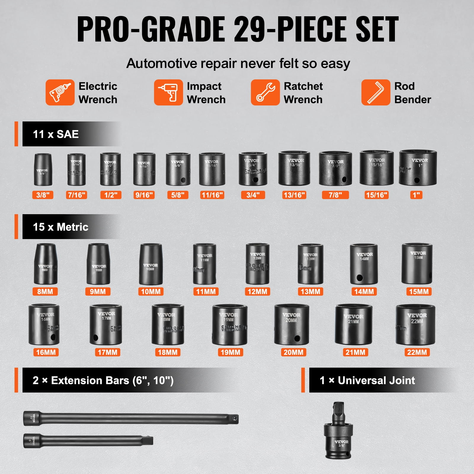 VEVOR 3/8" Drive Socket Set, 29 Pc, SAE 3/8"-1" & Metric 8-22mm, 6 Pt, CR-V Steel, for Vehicle Maintenance, Clear Markings, Durable Build, Includes Case