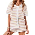 thumbnail image 2 of Women Short Sleeve Striped 2 Piece Pajama Sets Crochet Knit Button Top & Shorts Lounge Sets, 2 of 6