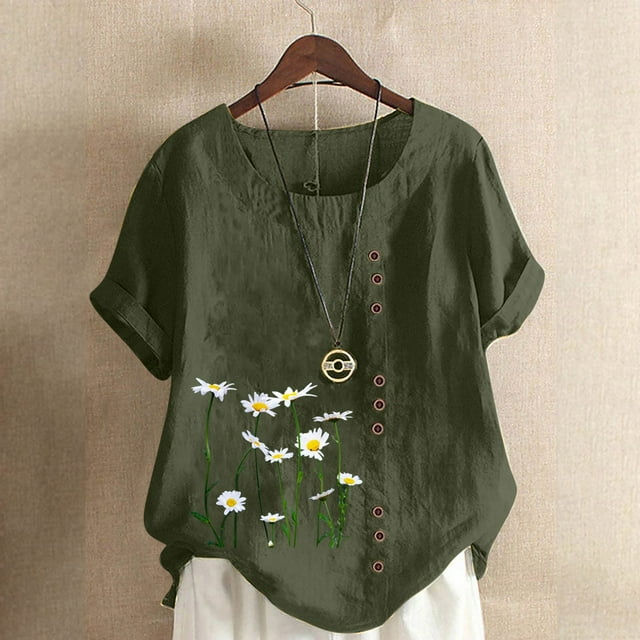 Birdeem Chemise Décontractée d'Été pour Femmes Col Rond Manches Courtes Imprimé Floral Ample