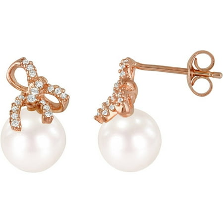 7.5-8mm White Cultured Freshwater Pearl and 1/10 Carat T.W. Diamond Pink-Plated Sterling Silver Earrings