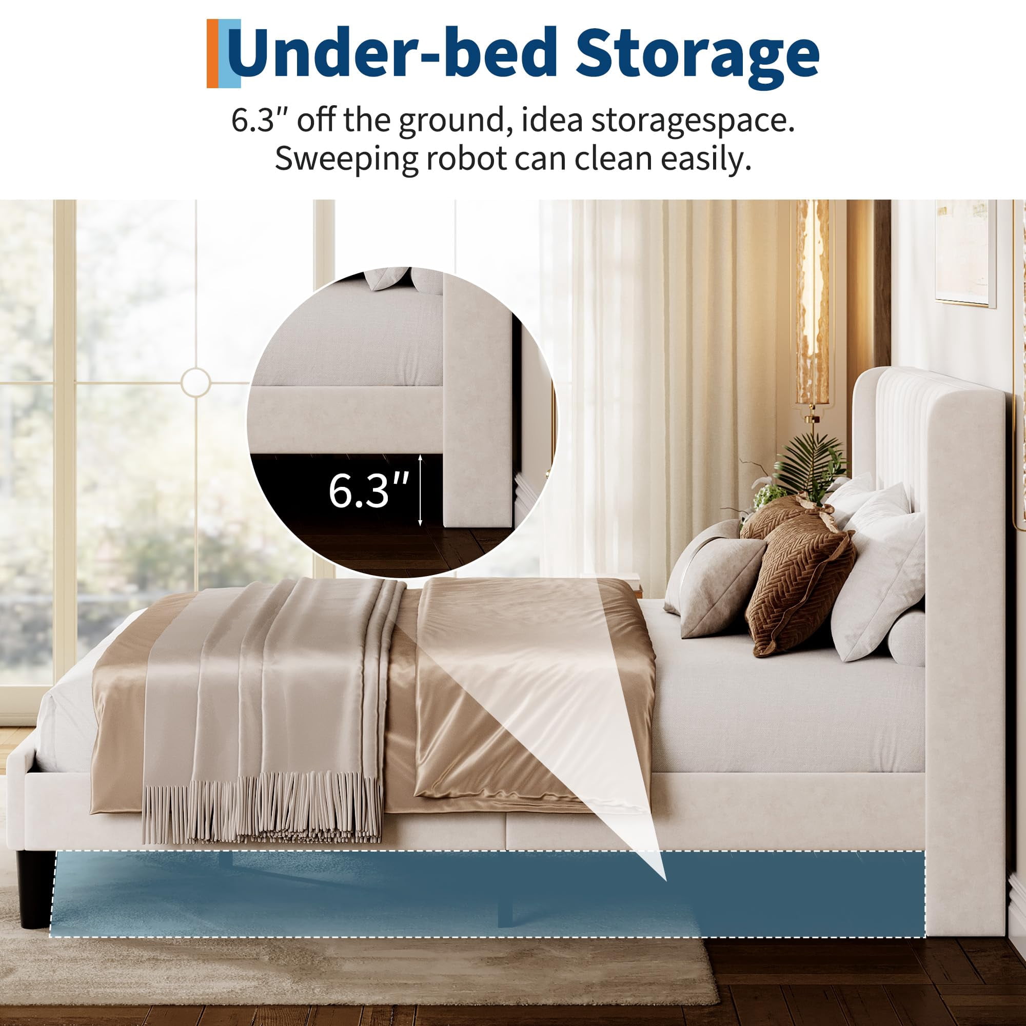 Huisuilinss Queen Bed Frame With Vertical Channel Tufted Wingback Headboard,Full Size Bed Frame,Velvet Upholstered Platform Bed With Wood Slats,No Box Spring Needed,Easy Assembly