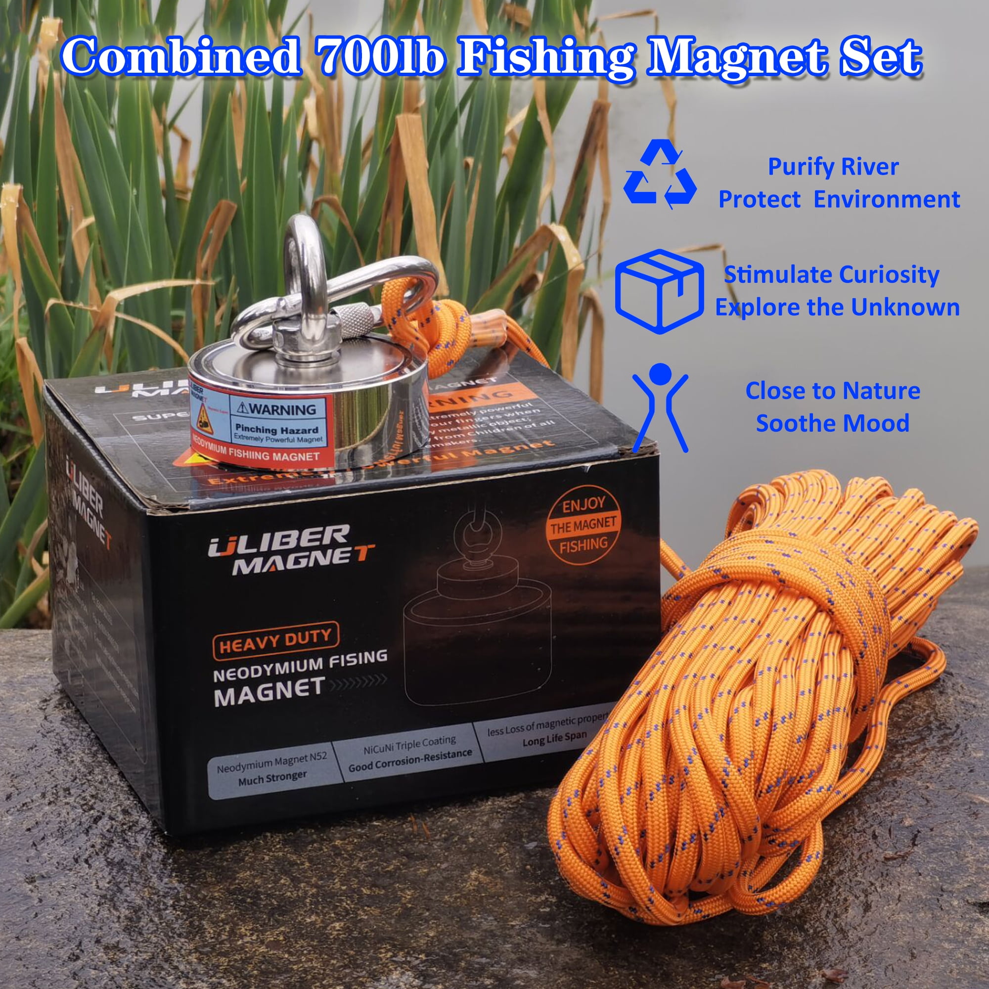 ULIBERMAGNET Super Strong Magnet Fishing Kit,Double Sided 2400lb Neodymium  Magnet,Heavy Dutry Magnet with 49Ft Salvage Rope,Non-Slip Gloves,Pocket for