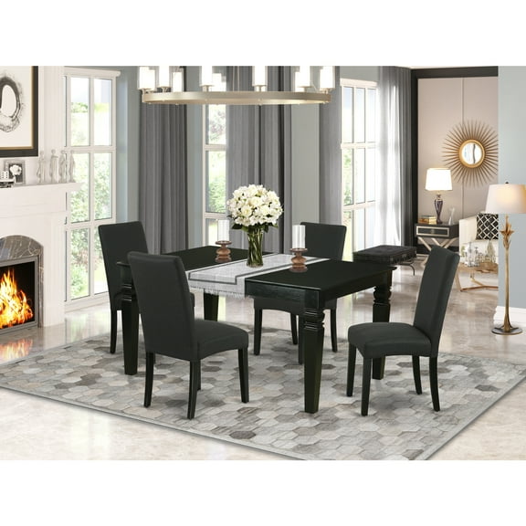 Rectangle Kitchen Table Set 5pc - 42/60 Inch Table w/ Butterfly Leaf & 4 Parsons Chairs - Black Finish