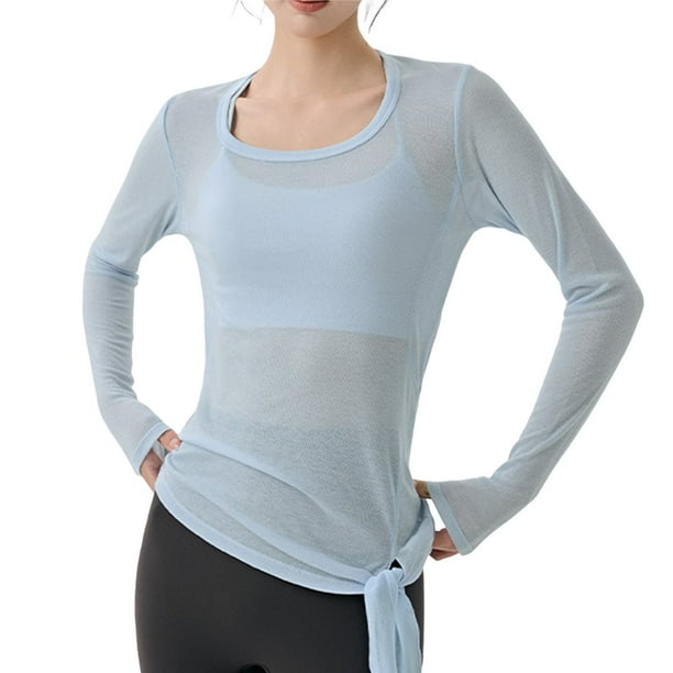 Camiseta Deportiva de Larga para Mujer, Cuello Redondo, Corte Ajustado, Ideal para Yoga y Otras Actividades Al Aire Libre Azul L