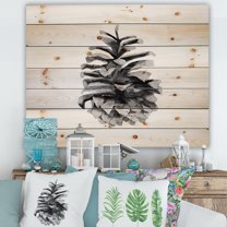 Designart 'Conifer Cone Black and White' Traditional Print on Natural Pine Wood