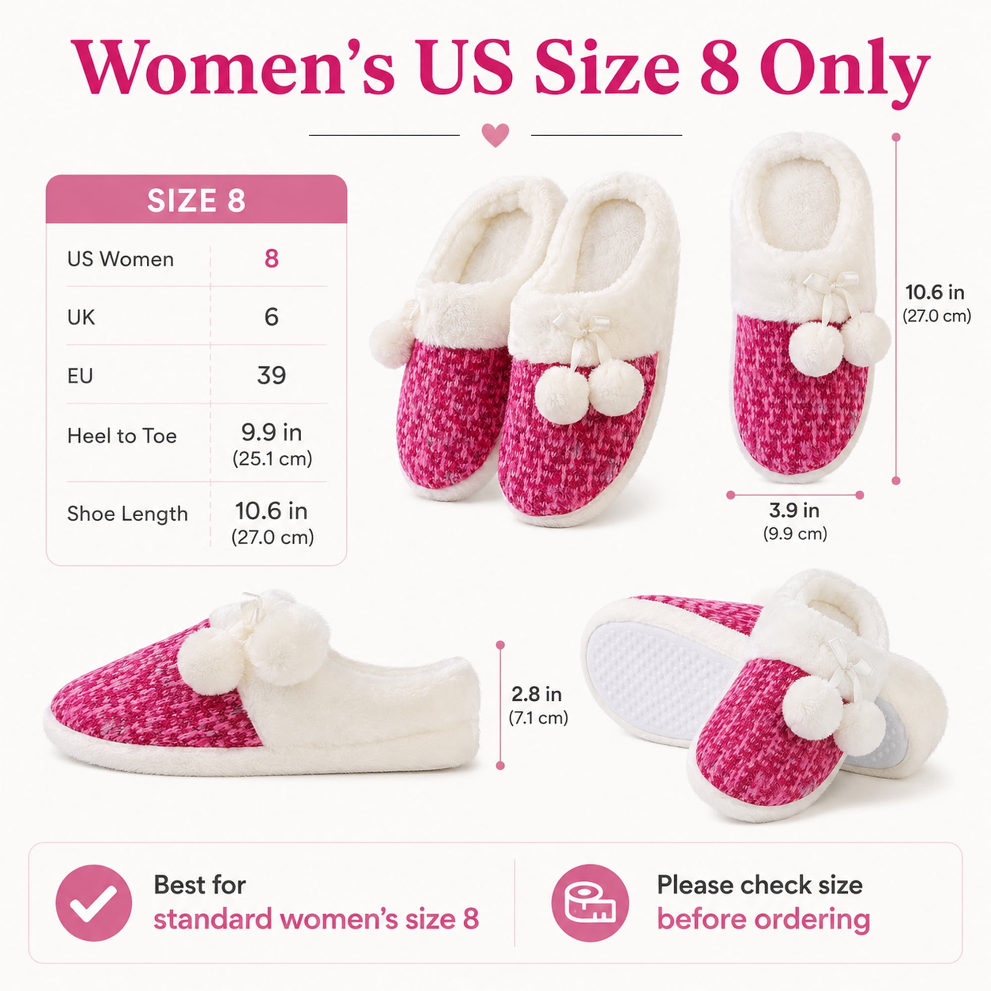 Women’s Size 8 Cozy Plush Fleece-Lined House Slippers, Pink Closed Toe Slip-On Indoor Bedroom Slippers with Pom-Pom Accent