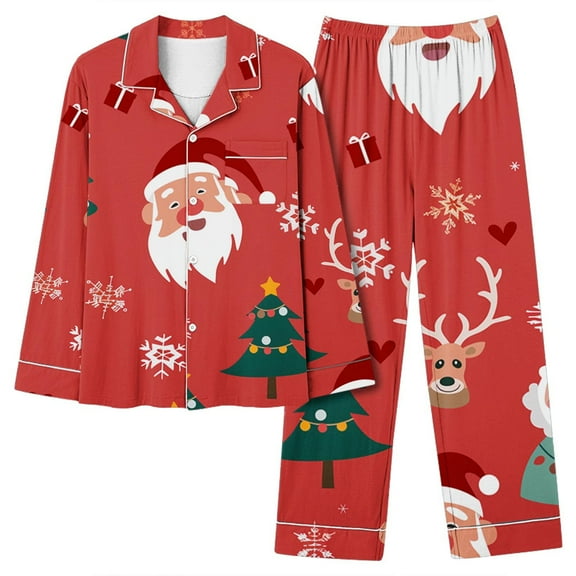 Tnhcen Loose Christmas Pajamas V-Neck Long Sleeve Button-Up Top for Women Elastic Waist Pants Cozy Pjs Lounge Wear S-2XL