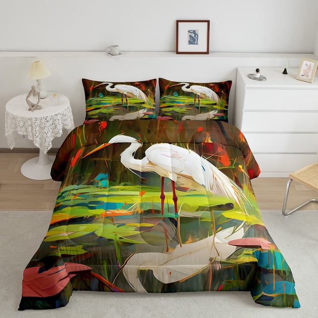 YST Ensemble de Douillette Grand à Couronnes Rouges Grues Ensemble de Literie Oiseau Blanc, Couette en Duvet Animal de Dessin Animé Ensemble de Housse de Couette Feuille de Lotus Verte Douillette Matelassée Aquarelle Abstraite Décoration de Chambre pour Enfants Garçons Filles