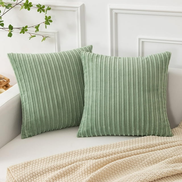 GHSDFBB Kevin Textile Set of 2, Corduroy Throw Pillow Cover, 22x22 Inch, Sage Green Pillow Covers, Machine Washable Pillowcase with Stripes Pattern, Solid Color Cushion Cases for Bedroom