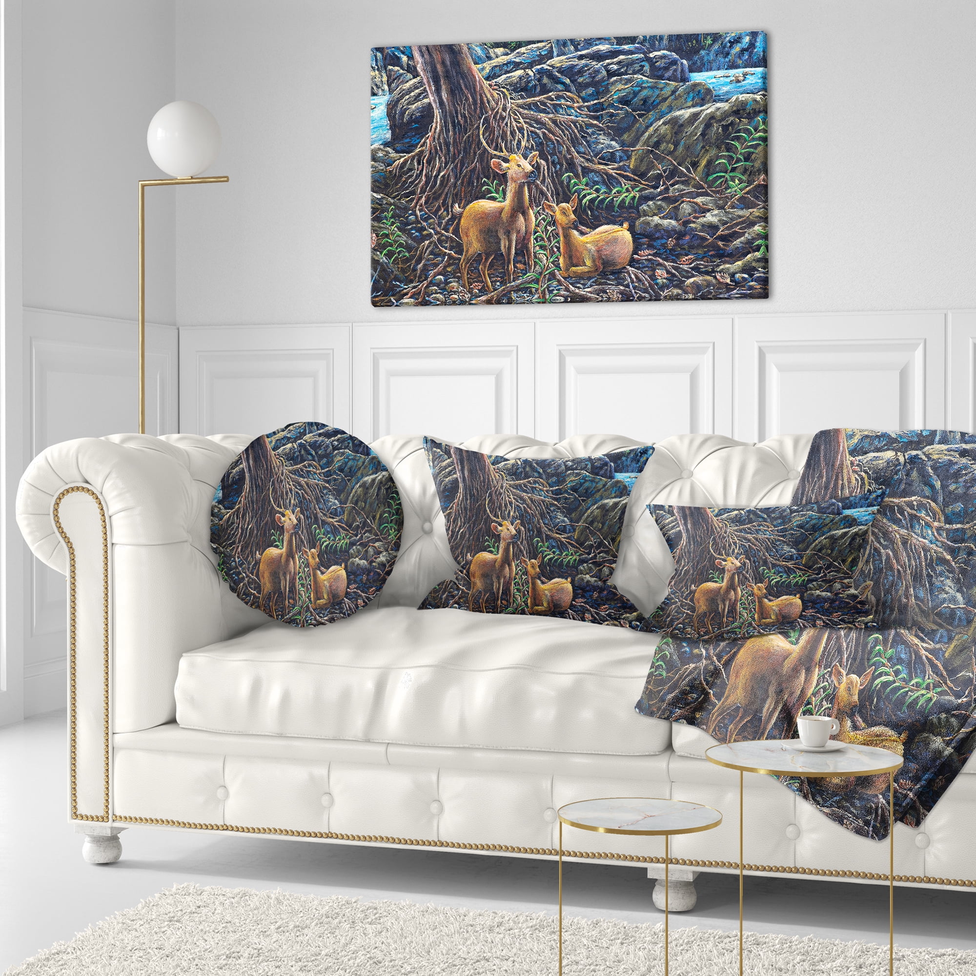 Designart Deer in Forest - Landscape Painting Throw Pillow - 12x20