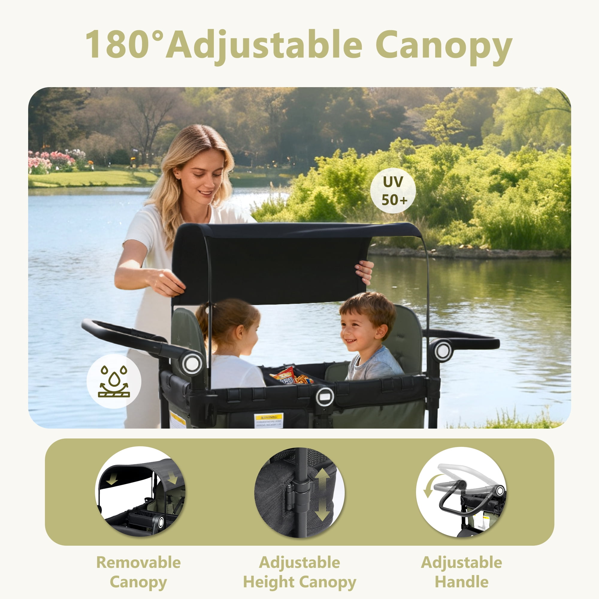 LINLUX 2 Kids Wagon Stroller, Foldable Outdoor 2-Seat Stroller Wagon, Removable Canopy, 55 Pound, Green
