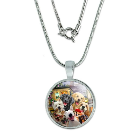 Old Paris Eiffel Tower Dogs Selfie 0.75" Pendant with Sterling Silver Plated Chain