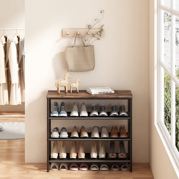 Seamika Shoe Rack Organizer 4 Tier Metal Organizer Shelf with Industrial MDF Board and Layer Fabric for Entryway Closet Bedroom Living Room Garage,Black & Rustic Brown