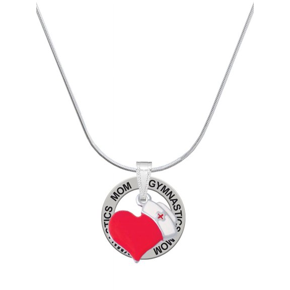 Delight Jewelry Silvertone Red Heart with Nurse Hat Gymnastics Mom Ring Charm Necklace, 18"