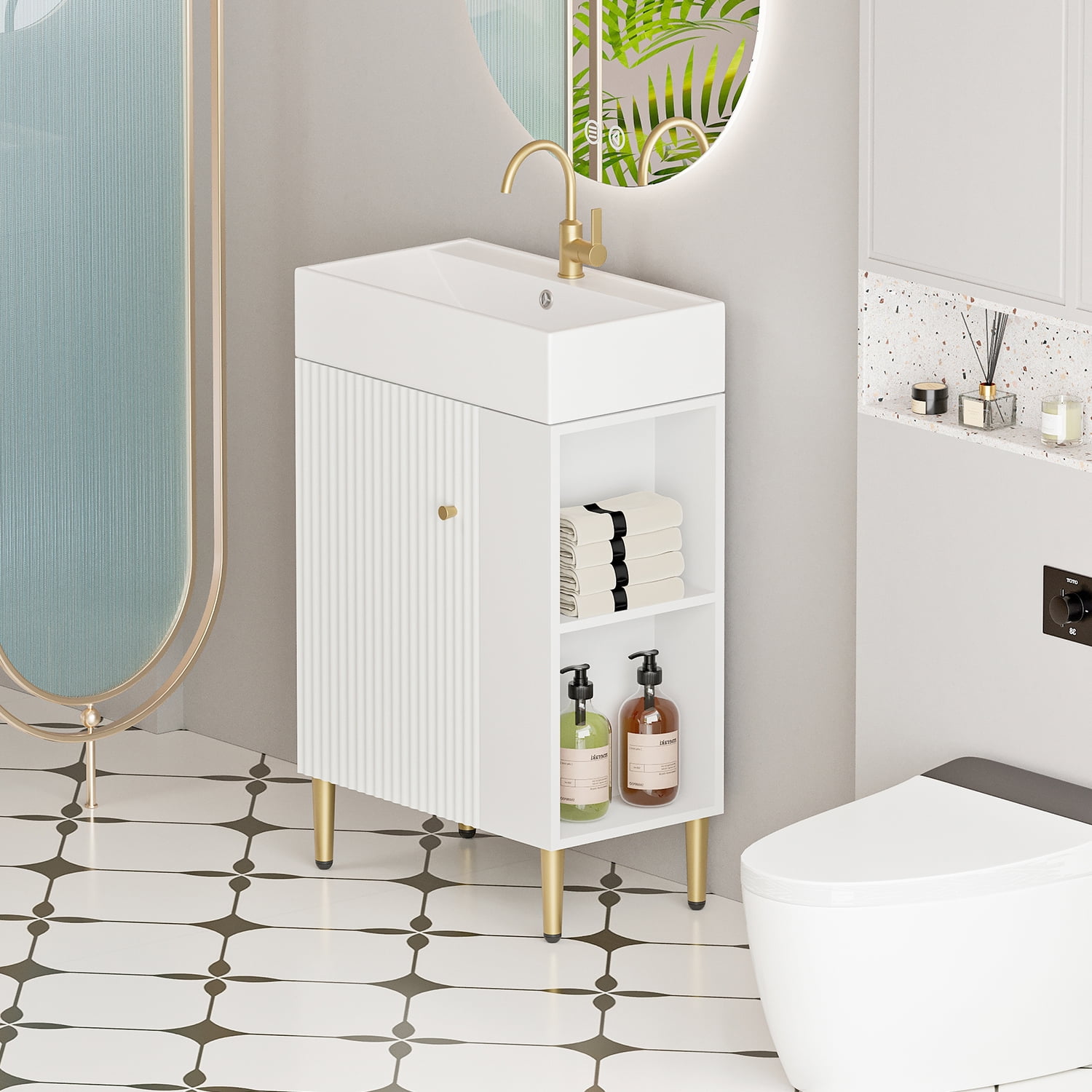 Demi Bonn 21" Bathroom Vanity with Ceramic Sink and Soft-Closing Door, Cloakroom Open Shelf Storage Cabinet on the Right Side, Faucets and Drains Not Included, White