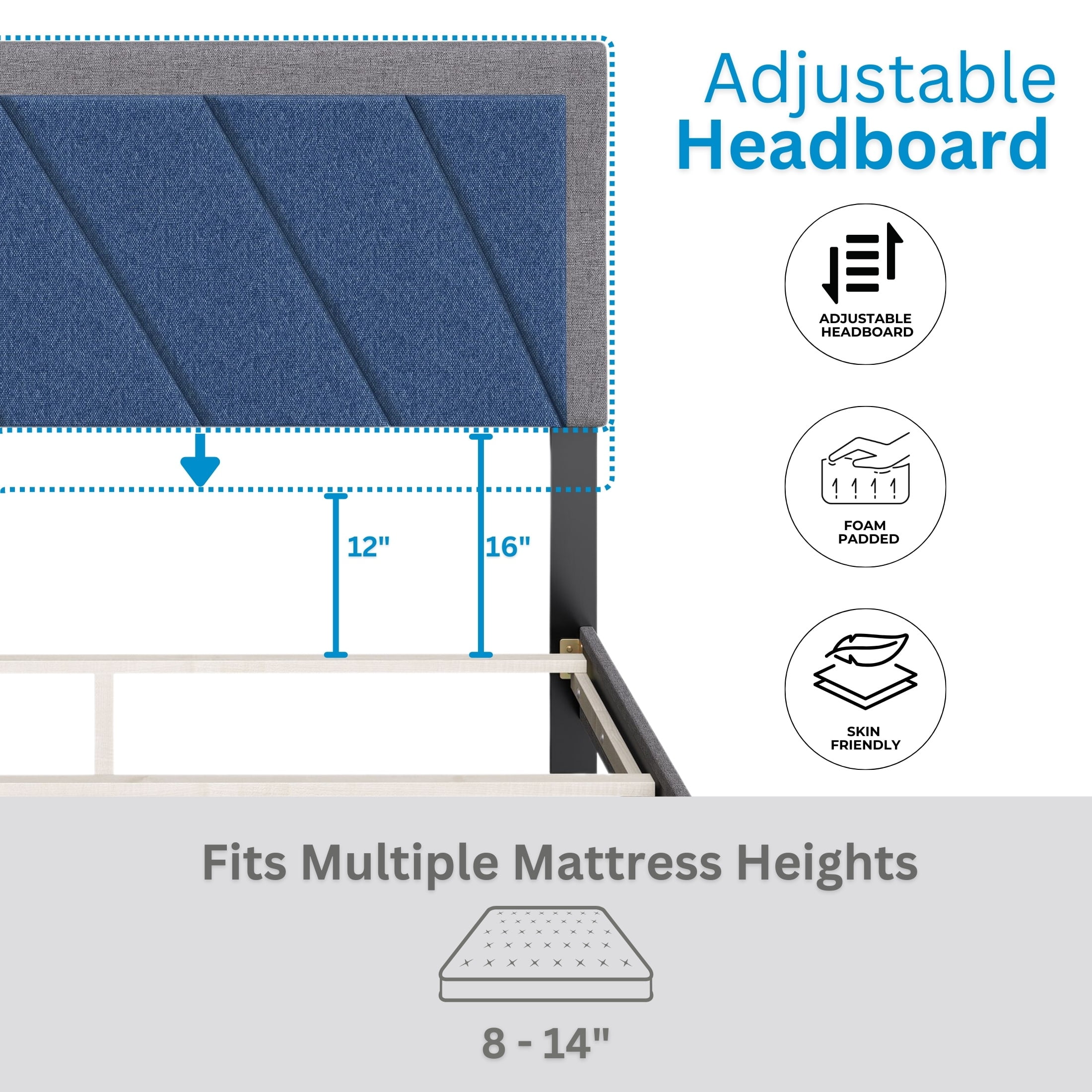 Boyd Sleep Diagonal Blue/Gray Linen Queen Size Fully Upholstered Platform Bed Frame with Adjustable Headboard, Qualified Box Spring or Foundation Required for Use