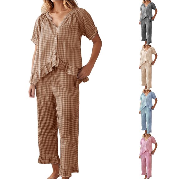 RMGVDSD Womens Plaid Pajamas Sets Ruffle V Neck Long Sleeve Button Down Shirt and Pants Gingham Sleepwear Loungewar 2 Piece Outfits