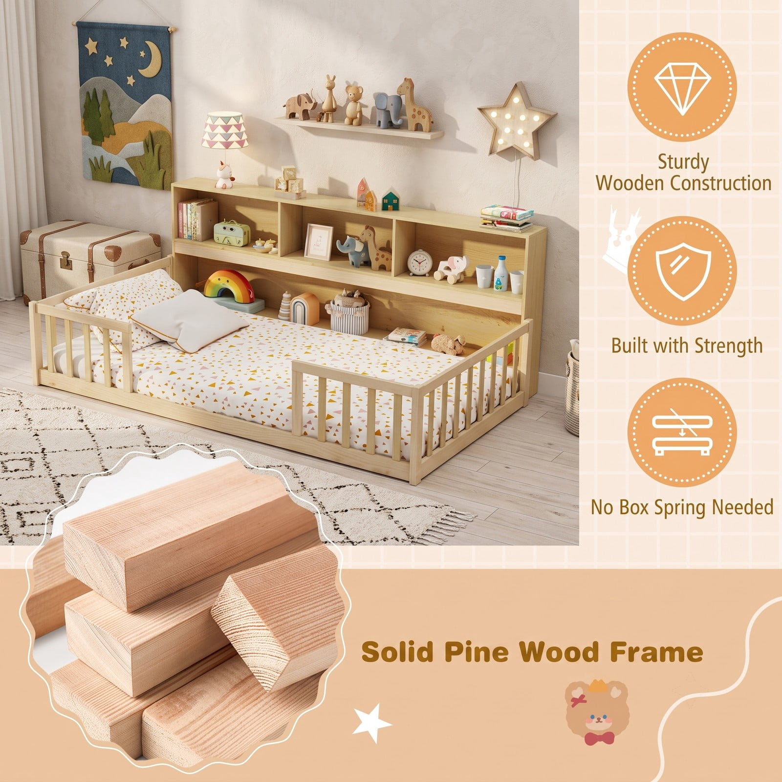 Furnibear Full Size Montessori Floor Bed Frame with Bookcase Headboard and Full Length House Rails for Kids Room, Natural
