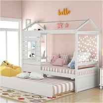 JERFIT Twin House Bed Frame with Trundle, White Solid Wood, Space-Saving Design, No Box Spring Needed