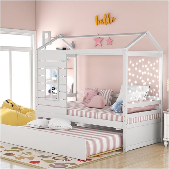 JERFIT Twin House Bed Frame with Trundle, White Solid Wood, Space-Saving Design, No Box Spring Needed