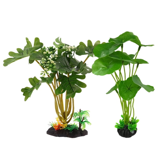 2 plantas de acuario realistas: hojas de loto artificiales, decoración de peceras, plantas acuáticas verdes de plástico, accesorios para acuarios de reptiles.