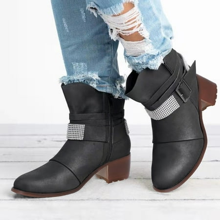 

TALKVE Toe Winter Thick Autumn Side Heel Rhinestone Zipper Boots Women s Pointed Ankle Shoes Women s Boots