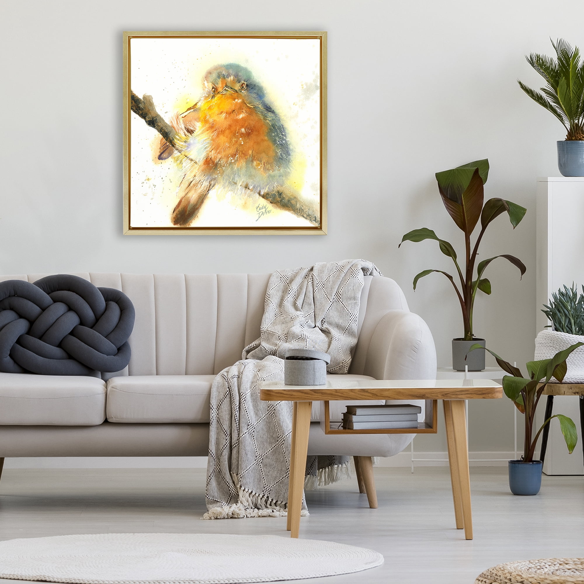 Stupell Industries Seated Songbird Watercolor Gold Framed Floater Canvas Wall Art, design by Cady Driver