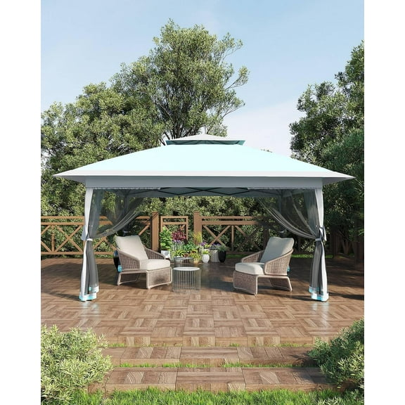 Pop Up Gazebo 12x12，Canopy Tent with Mosquito Netting, One Push Setup for Backyard Patio Garden with 4 Sand Bags- Blue