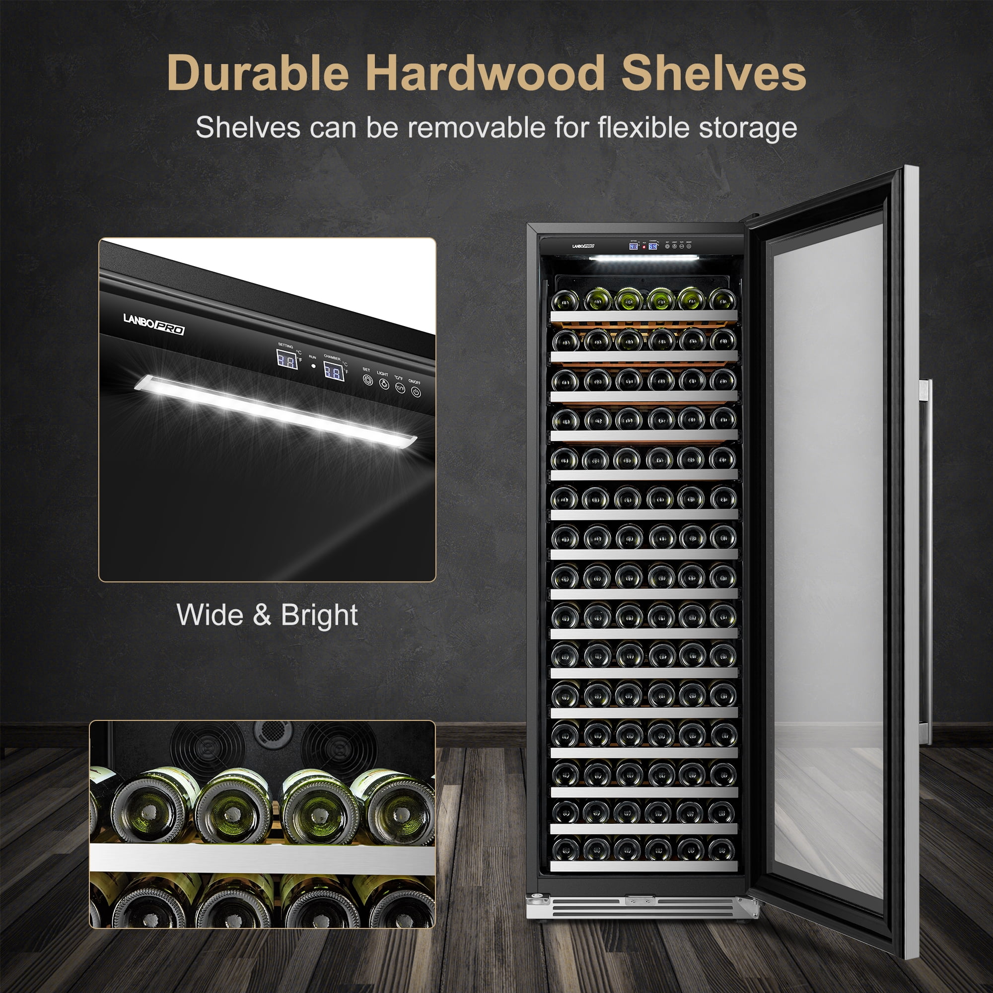 Lanbopro 164 Bottles 24 inch Width Single Zone Wine Cooler in Seamless Stainless Steel