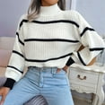 thumbnail image 4 of Womens Mock Neck Striped Chunky Knitted Sweater Winter Long Sleeve Pullover Sweaters Tops White M, 4 of 9