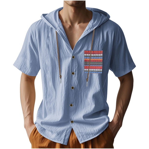 Camisa de Manga Corta de los Hombres con Capucha de Cárdigan Impresa con Botón con Bolsillos Top Casual para Primavera Verano