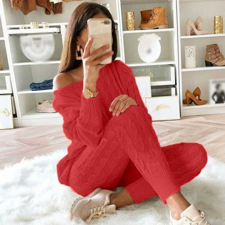 

TIANEK Solid Color Off Shoulder Long Sleeve Cable Knitted Warm Two-Piece Long Sweater Suit Set Black And White Pajama Pants Reduced Price