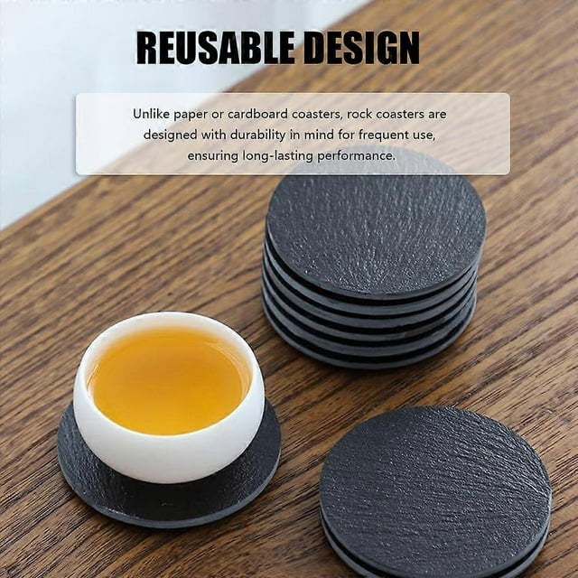 Set of 10 Natural Slate Round Coasters, Insulated, Black Stone Coasters for Coffee Table, Kitchen, Bar