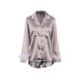 thumbnail image 1 of Txlixc - Pijama de 2 uds para mujer, blusa con puños de plumas de manga larga lisa/de retazos, pantalones cortos, ropa suelta para dormir/ropa para el hogar Txlixc Estilo de ocio, 1 of 3