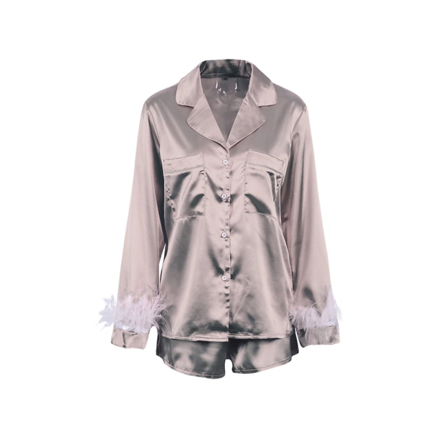 Txlixc - Pijama de 2 uds para mujer, blusa con puños de plumas de manga larga lisa/de retazos, pantalones cortos, ropa suelta para dormir/ropa para el hogar Txlixc Estilo de ocio