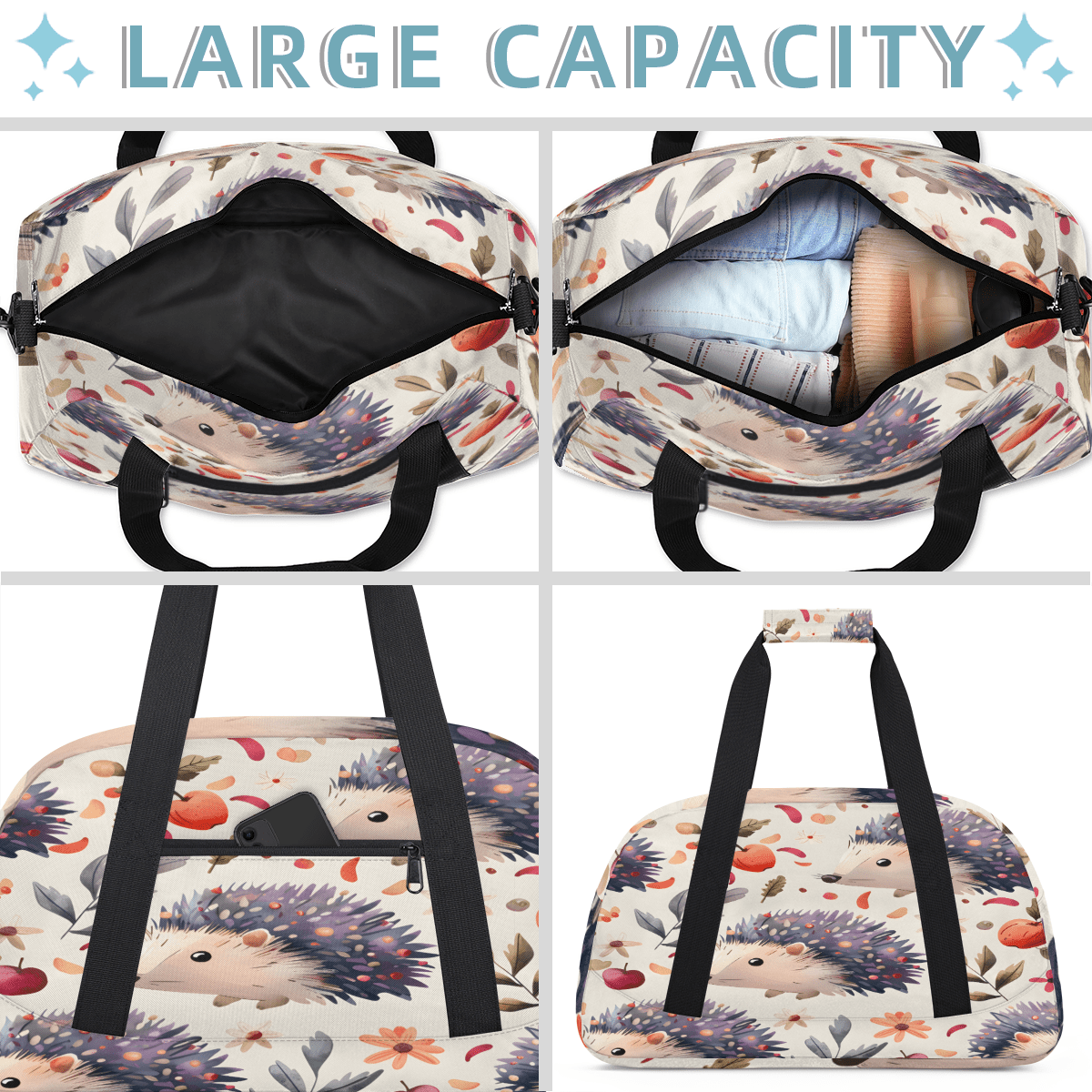 Herdesigns Cute Hedgehog Sports Duffle Bag for Women & Men, Animal Pattern Gym Bag Dance Bag Overnight Bag Carry On Weekender Travel Bag