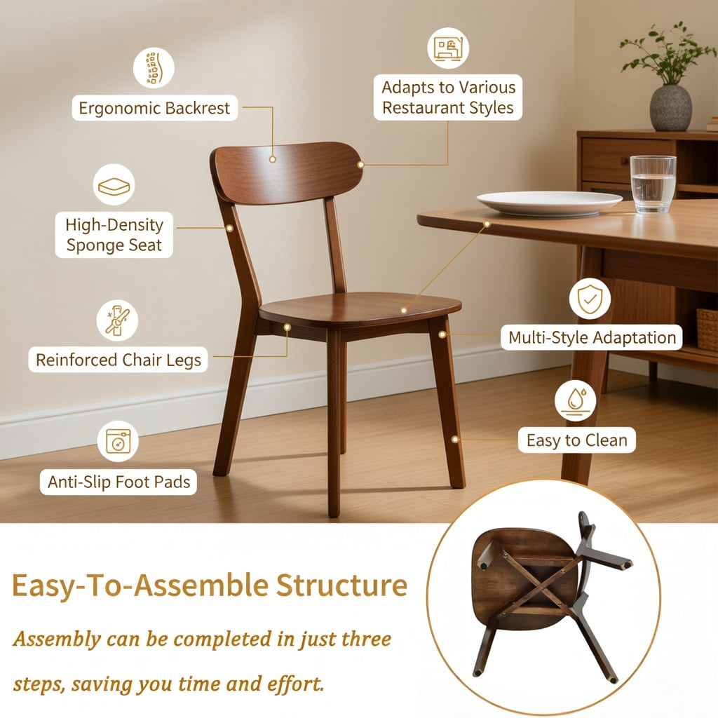 Hommoo Mid Century Modern Solid Wood Dining Chairs Set of 2, Ergonomic Curved Backrest, Adjustable Leveling Feet, for Dining Room, Kitchen & Living Room, Walnut